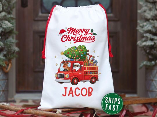 Discover Fire Engine Truck Santa Christmas Sack, Personalized Christmas Gift Bag for Kids who loves Trucks, Custom Name Gift Bag for Presents