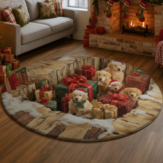 Discover Christmas Puppy 3D Illusion Rug, Golden Retriever Gift Hole Carpet, Cute Holiday Decor Mat, Cozy Xmas Living Room Rug, Festive Pet Gift
