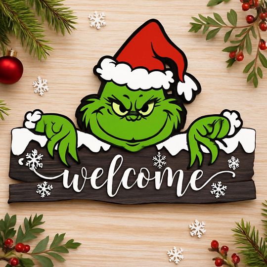 Discover funny character Christmas Welcome Sign, Wooden Door Sign, Holiday Porch Decor, Grin Gift, Rustic Christmas Wood Decor, Front Door Ornament