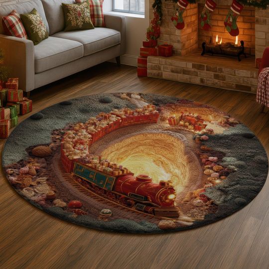 Discover Teddy Bear Train 3D Illusion Rug, Christmas Gift Tunnel Carpet, Cute Holiday Decor Mat, Santa Express Railway Rug, Festive Home Gift