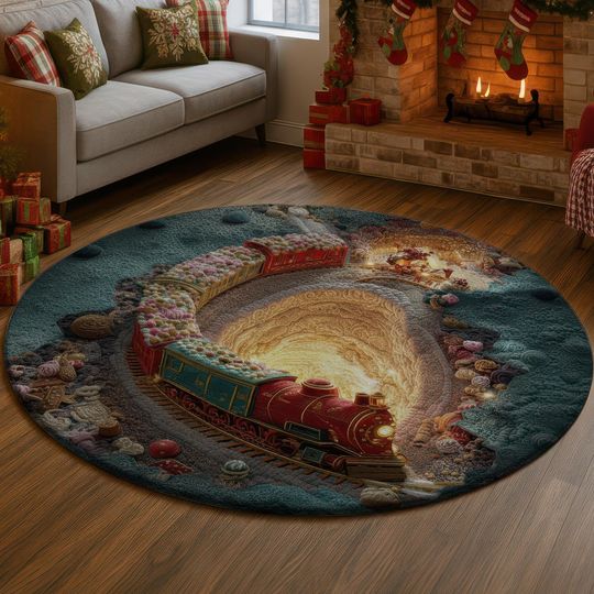 Discover Candy Train 3D Illusion Rug, Sweet Christmas Carpet, Candyland Hole Mat, Cozy Holiday Decor, Festive Xmas Gift for Home