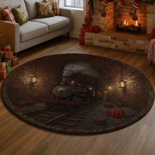 Discover Vintage Train 3D Illusion Rug, Steam Engine Christmas Carpet, Holiday Tunnel Mat, Cozy Winter Floor Decor, Festive Gift Idea