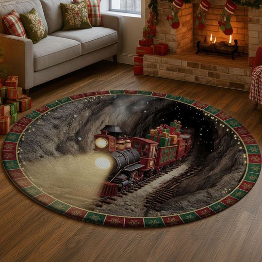 Discover Christmas Train 3D Illusion Rug, Red Steam Engine Tunnel Carpet, Holiday Gift Train Mat, Festive Home Decor, Cozy Xmas Rug