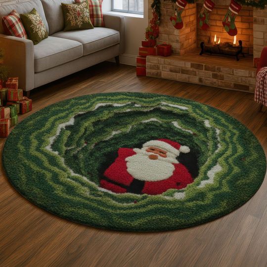 Discover Santa in Green Tunnel 3D Illusion Rug, Funny Christmas Hole Carpet, Cozy Holiday Mat, Festive Winter Decor, Santa Gift Rug