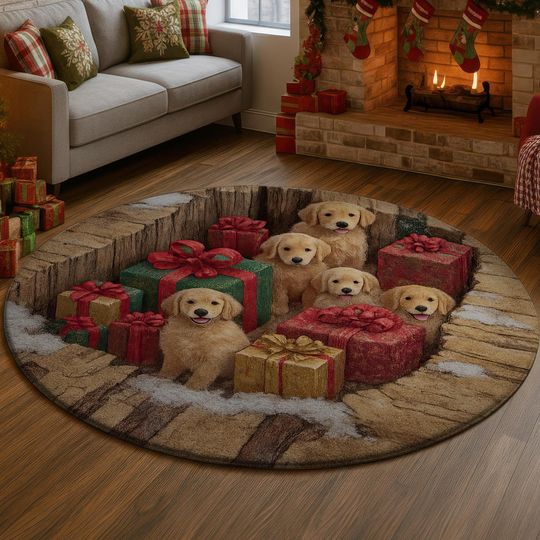 Discover Puppy Gift Box 3D Illusion Rug, Cute Dog Christmas Carpet, Holiday Hole Mat, Cozy Winter Decor, Adorable Xmas Floor Rug