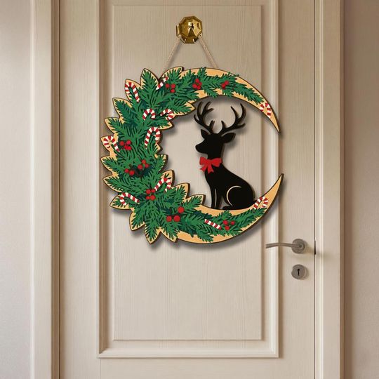 Discover Wooden Christmas Sign: Crescent Wreath Door Decoration with Reindeer and Candy Cane Design