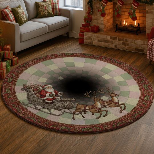 Discover Vintage Santa Sleigh 3D Illusion Rug, Retro Christmas Carpet, Reindeer Hole Mat, Classic Holiday Home Decor, Festive Xmas Rug Vintage Santa