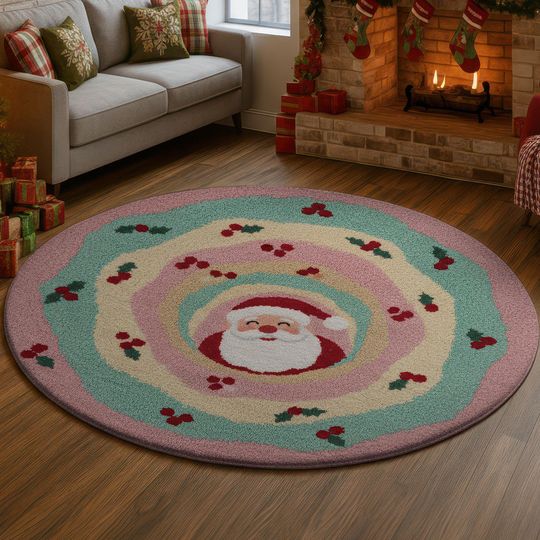 Discover Cute Santa 3D Illusion Rug, Pastel Christmas Carpet, Cozy Holiday Mat with Holly, Whimsical Xmas Decor, Santa Smiling Floor Rug  3D Rug
