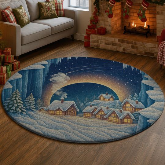 Discover Christmas Village 3D Illusion Rug, Santa Sleigh Hole Carpet, Snowy Holiday Decor Mat, Cozy Winter Wonderland Rug, Festive Gift  Christmas