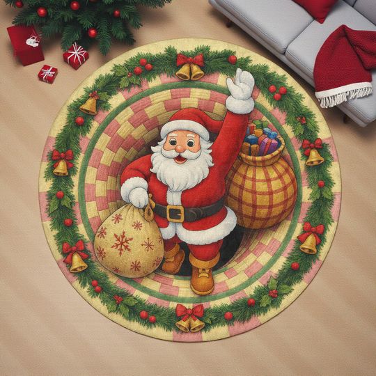 Discover Santa Gift Tunnel 3D Illusion Rug, Funny Christmas Hole Carpet, Cozy Holiday Decor Mat, Santa Claus Gift Bag Xmas Rug  Santa Gift  3DRug