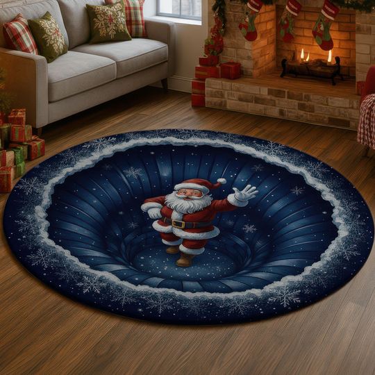 Discover Santa Snow Tunnel 3D Illusion Rug, Blue Christmas Carpet, Cozy Holiday Decor Mat, Winter Wonderland Rug, Festive Home Gift Santa 3D rug