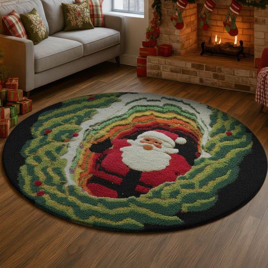 Discover Santa in Wreath Tunnel 3D Illusion Rug, Funny Christmas Hole Carpet 3d rug,Cozy Holiday Home Mat 3d rug, Santa Decor Gift Idea  Santa 3d rug