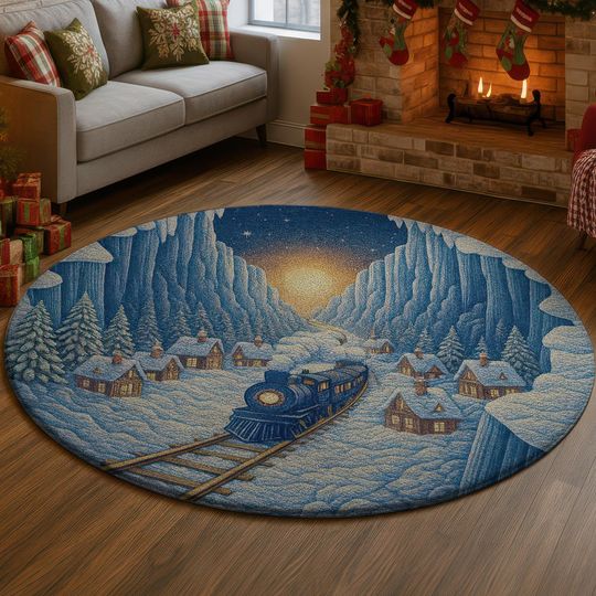Discover Christmas Train 3D Illusion Rug, Winter Village Hole Carpet, Cozy Holiday Decor Mat, Snow Train Tunnel Rug,Festive Home Gift Christmas Train