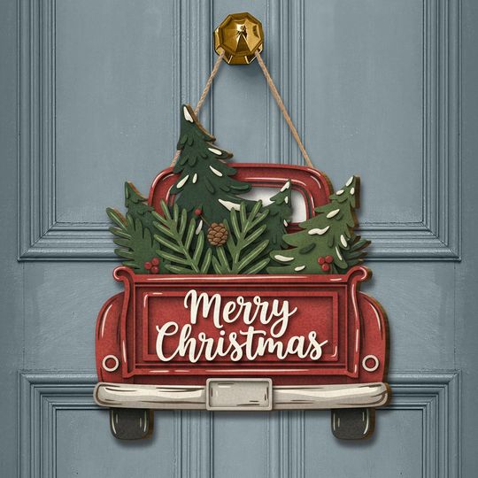 Vintage Truck Christmas Door Hanger Holly Wood Sign