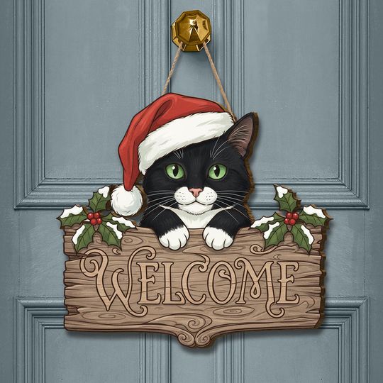 Discover Tuxedo Cat Christmas Welcome Sign: Black Cat Santa Hat Wooden Door Hanger