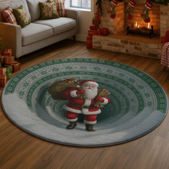 Discover Classic Santa Tunnel 3D Illusion Rug, Christmas Hole Carpet, Cozy Holiday Home Decor Mat, Santa Gift Delivery Xmas Rug 3D Illusion Rug