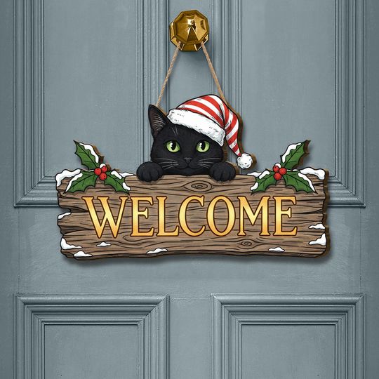 Discover Black Cat Christmas Welcome Sign: Holiday Door Hanger