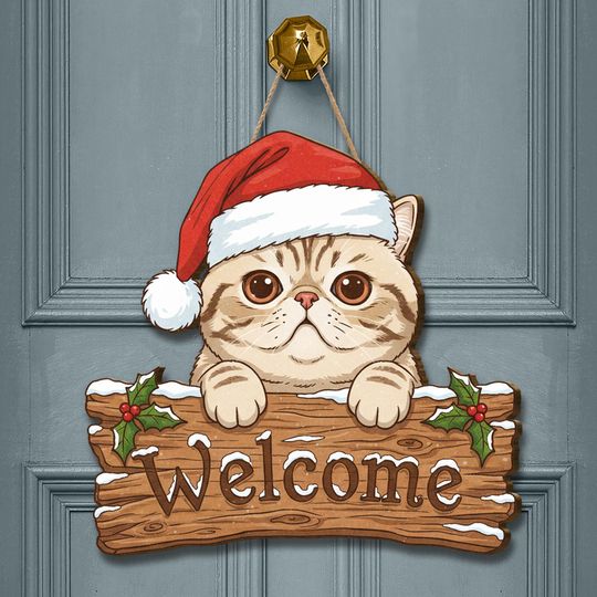 Discover Exotic Shorthair Cat Christmas Welcome Sign: Wooden Holiday Decor