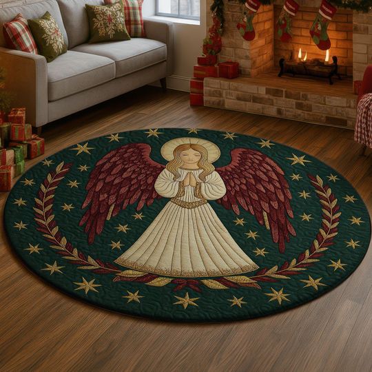 Discover Angel Christmas 3D Printed Rug, Holy Vintage Round Carpet, Religious Holiday Decor Mat, Peaceful Xmas Gift for Family Angel Christmas 3D Rug