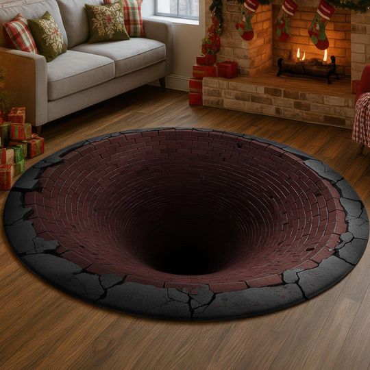 Discover 3D Brick Hole Rug, Optical Illusion Round Carpet, Funny Home Decor Mat, Unique Living Room Gift for Christmas 3D Brick Hole Rug, Home Decor
