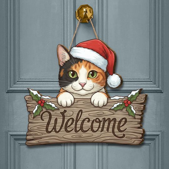 Discover Calico Cat Christmas Welcome Sign: Wooden Holiday Door Hanger