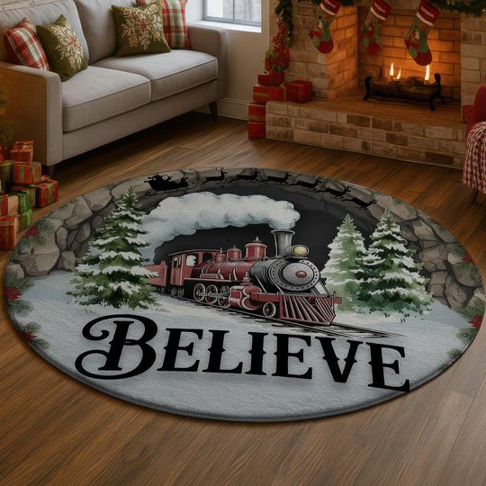 Discover Christmas Train 3D Printed Rug, Believe Round Carpet, Winter Wonderland Decor Mat, Cozy Holiday Gift for Family 3D Rug  Christmas Train