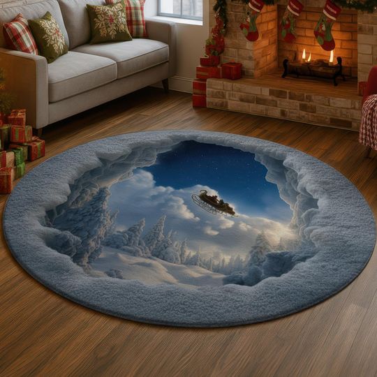 Discover Santa Sleigh 3D Illusion Rug, Flying Christmas Hole Carpet, Snowy Winter Decor Mat, Cozy Holiday Home Rug, Festive Xmas Gift Idea