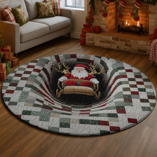 Santa Sleigh 3D Illusion Rug, Quilt Christmas Hole Carpet, Cozy Holiday Decor Mat, Festive Winter Home Rug, Funny Santa Gift Idea