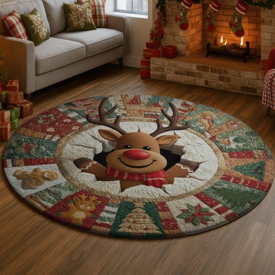Reindeer 3D Illusion Rug, Funny Christmas Hole Carpet, Red Green Holiday Decor Mat, Cozy Winter Home Rug, Festive Xmas Gift Idea