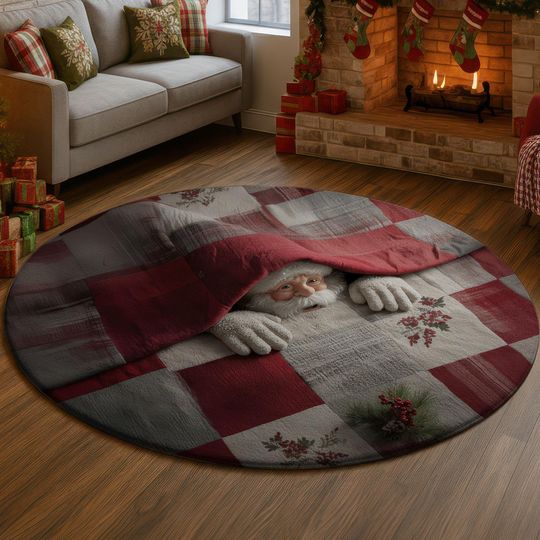 Discover Cozy Santa 3D Illusion Rug, Christmas Bed Quilt Hole Carpet, Funny Holiday Decor Mat, Festive Home Rug, Cute Santa Gift Idea