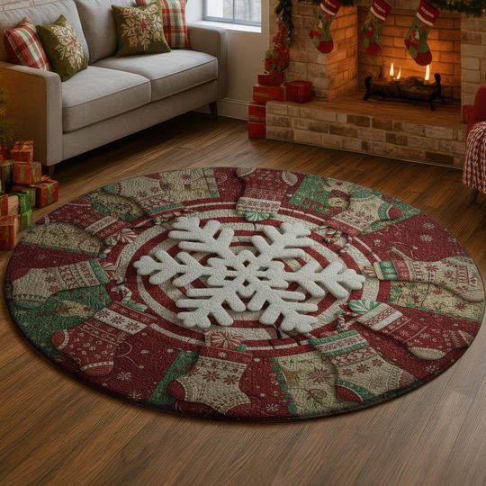 Snowflake Stocking 3D Illusion Rug, Red Green Christmas Hole Carpet, Festive Holiday Decor Mat, Cozy Winter Home Rug, Xmas Gift Idea