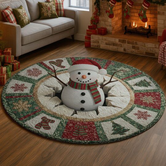 Snowman 3D Illusion Rug, Funny Christmas Hole Carpet, Red Green Holiday Decor Mat, Cozy Winter Home Rug, Festive Xmas Gift Idea