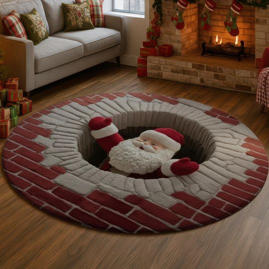 Discover Santa Down the Chimney 3D Illusion Rug, Funny Christmas Hole Carpet, Cozy Santa Decor Mat, Holiday Home Gift Idea, Festive Floor Rug