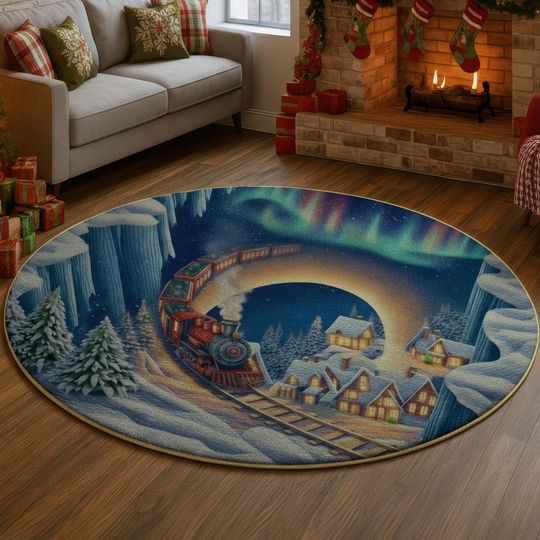 Discover Northern Lights Train 3D Illusion Rug, Winter Village Hole Carpet, Snowy Holiday Decor Mat, Cozy Christmas Home Rug, Festive Gift