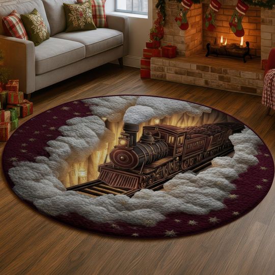 Steam Train 3D Illusion Rug, Christmas Tunnel Carpet with Clouds, Holiday Decor Mat, Cozy Winter Home Rug, Festive Gift Idea