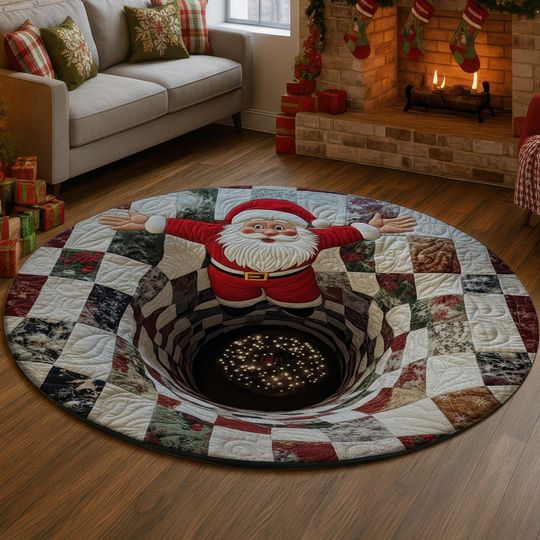 Discover Funny Santa 3D Illusion Rug, Christmas Hole Carpet, Red Checkered Decor Mat, Cozy Holiday Home Rug, Santa Gift Delivery Xmas Idea