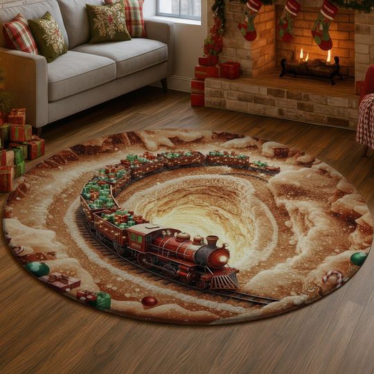 Discover Christmas Train 3D Illusion Rug, Holiday Gift Tunnel Carpet, Snowy Winter Decor Mat, Santa Express Railway Rug, Festive Xmas Home Gift