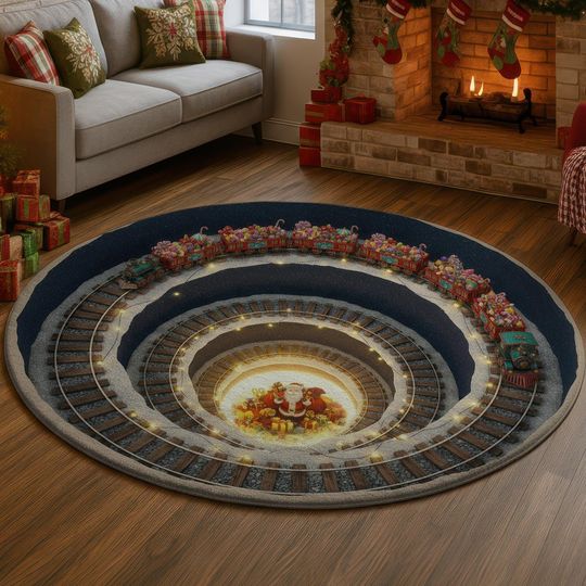Discover Santa Express 3D Illusion Rug, Christmas Spiral Train Tunnel Carpet, Festive Holiday Decor Mat, Cozy Winter Home Rug, Gift Idea