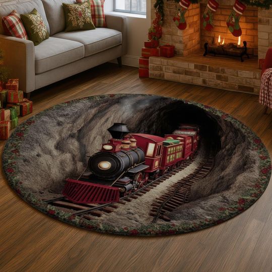 Discover Santa Train 3D Illusion Rug, Christmas Tunnel Carpet with Holly, Cozy Holiday Decor Mat, Festive Winter Home Rug, Unique Xmas Gift