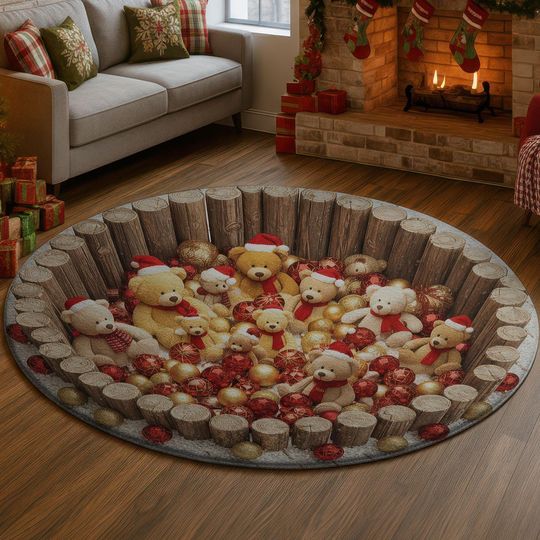 Christmas Teddy Bears 3D Illusion Rug, Cute Bear Gift Carpet, Wooden Hole Holiday Mat, Cozy Xmas Decor, Festive Floor Gift Idea