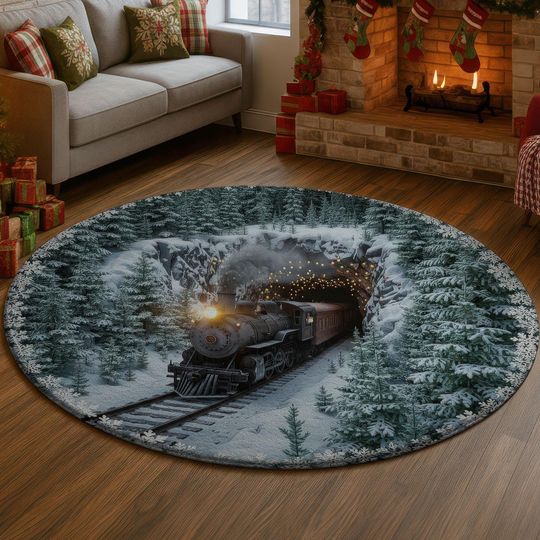 Discover Winter Train 3D Illusion Rug, Snow Forest Tunnel Carpet, Cozy Christmas Decor Mat, Holiday Railway Rug, Festive Gift Idea