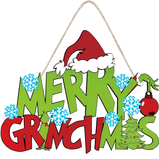 Discover Christmas Hanging Sign Decorations, Merry Christmas Green Wood Wreath for Fro...