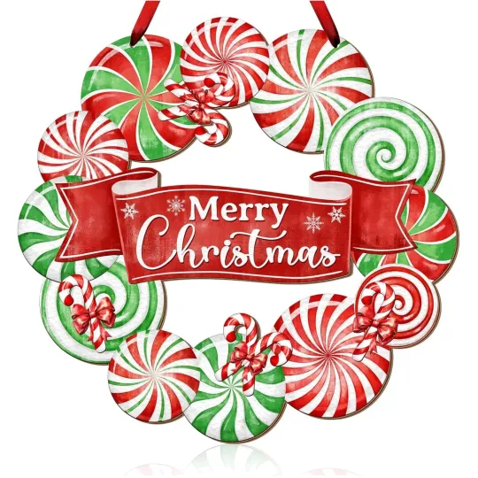 Christmas Door Sign Peppermint Candy Decor Merry Christmas Wreath