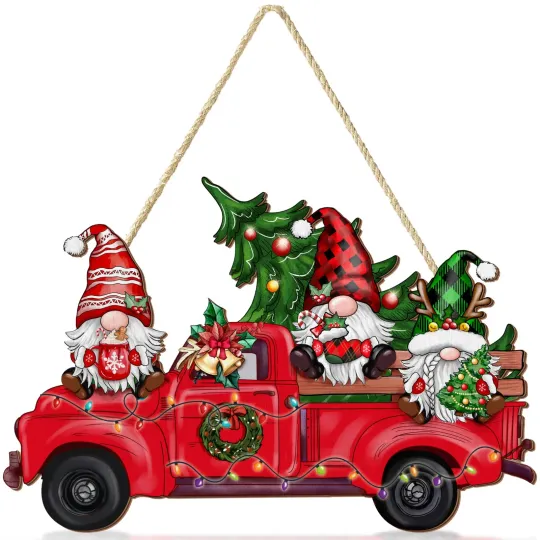 Discover Christmas Wooden Gnome Sign for Front Door, 13.8 Inch Rustic Christmas Wood W...