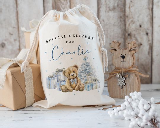 Discover Personalised Blue Teddy Bear Santa Sack, Christmas Gift Bag, Father Christmas, Traditional Christmas Sack, First Christmas
