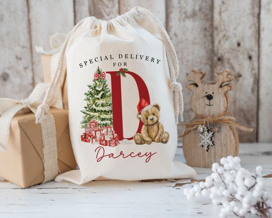 Discover Personalised Santa Sack, Christmas Gift Bag, Red Bear 1st Xmas Stocking Filler, Father Christmas, Traditional Christmas Sack