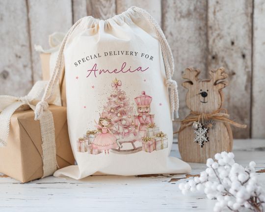 Discover Personalised Santa Sack, Christmas Gift Bag, Pink Nutcracker Stocking Filler, Father Christmas, Traditional Christmas Sack