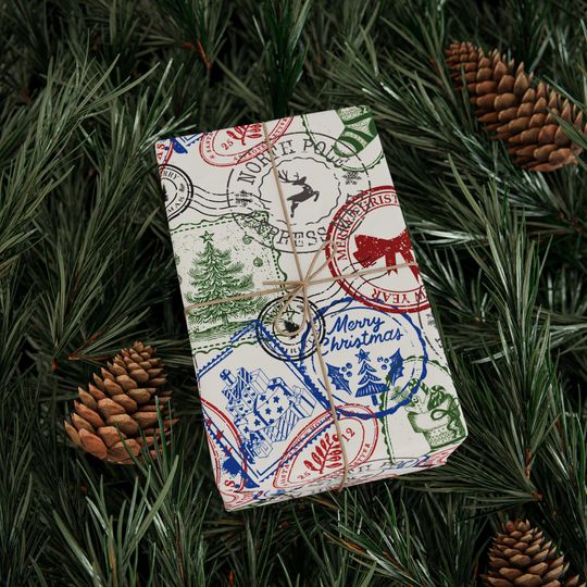 Vintage Christmas Stamp Wrapping Paper Roll, Holiday Gift Wrap with Trees, Reindeer, Stockings, North Pole & Travel Stamps, Retro Merry XMAS