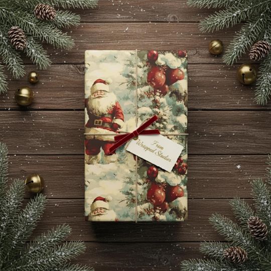 Vintage Santa Claus Wrapping Paper Holiday Gift Wrap Christmas Paper Festive Santa Gift Wrap Winter Wonderland Paper Design