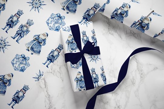 Discover Nutcracker Blue Toile Christmas Gift Wrapping Paper, Holiday Presents